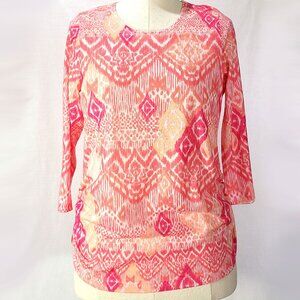 Chico's Salmon Pink White Geometric Diamond Print 3/4 Sleeve Knit Top Size 2/L